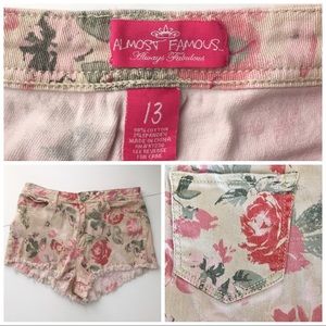 Pink Rose floral distressed denim 5 pocket shorts